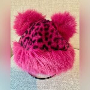 New Winter Cranberry Red Leopard Print Faux Fur Hat w/ Bear Ears--Adult Size